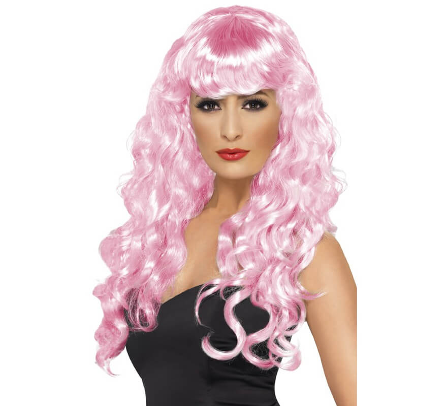 Peluca larga ondulada rosa