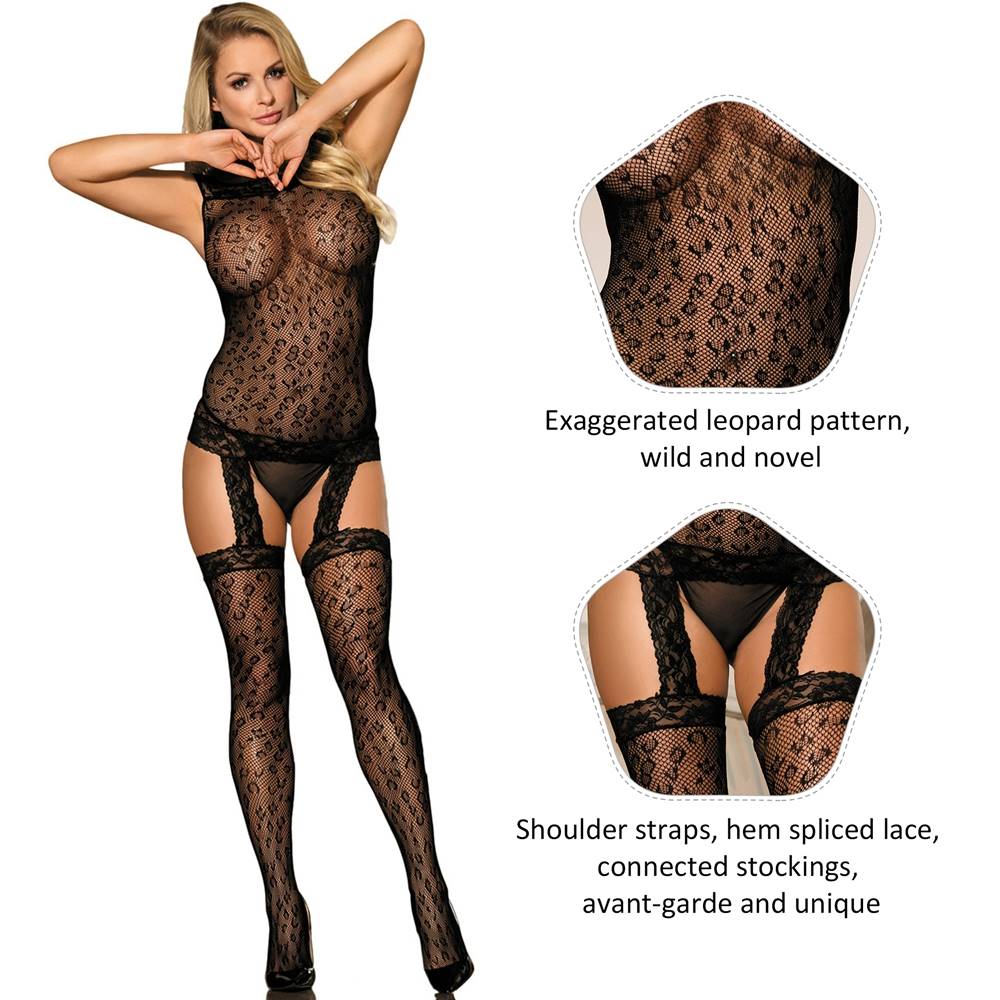 Catsuit de fina red elastizada tipo portaligas animal print - Negro - Talle se adapta de S a M - Girlsland