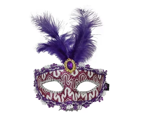 Antifaz con detalle de piedra y plumas