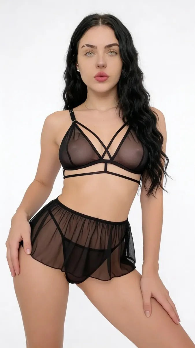 Conjunto 3 Piezas Sexy Lenceria Intima Tull Dobles Tiras