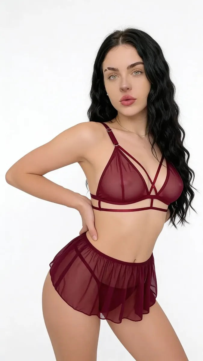 Conjunto 3 Piezas Sexy Lenceria Intima Tull Dobles Tiras