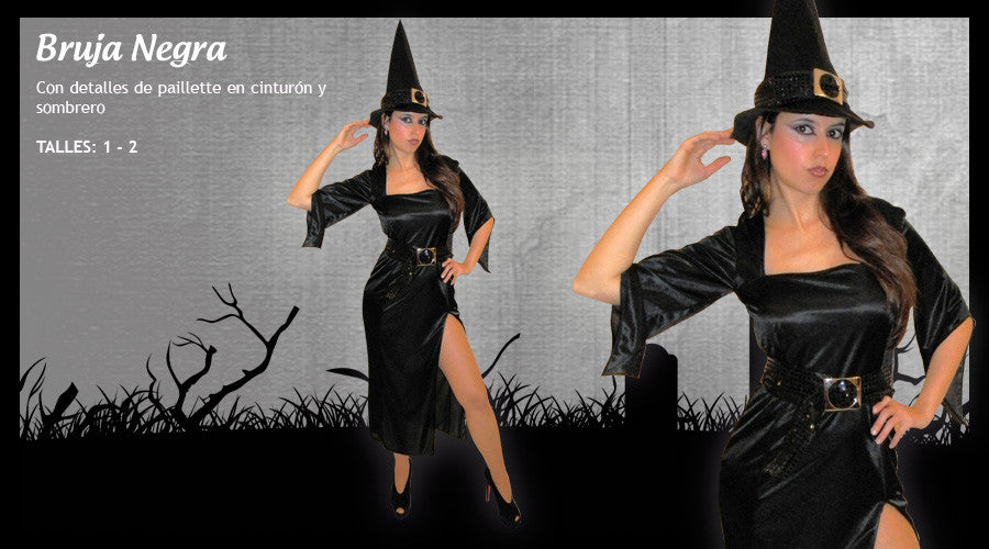 Disfraz de bruja negra con paillette y sombrero - Candela