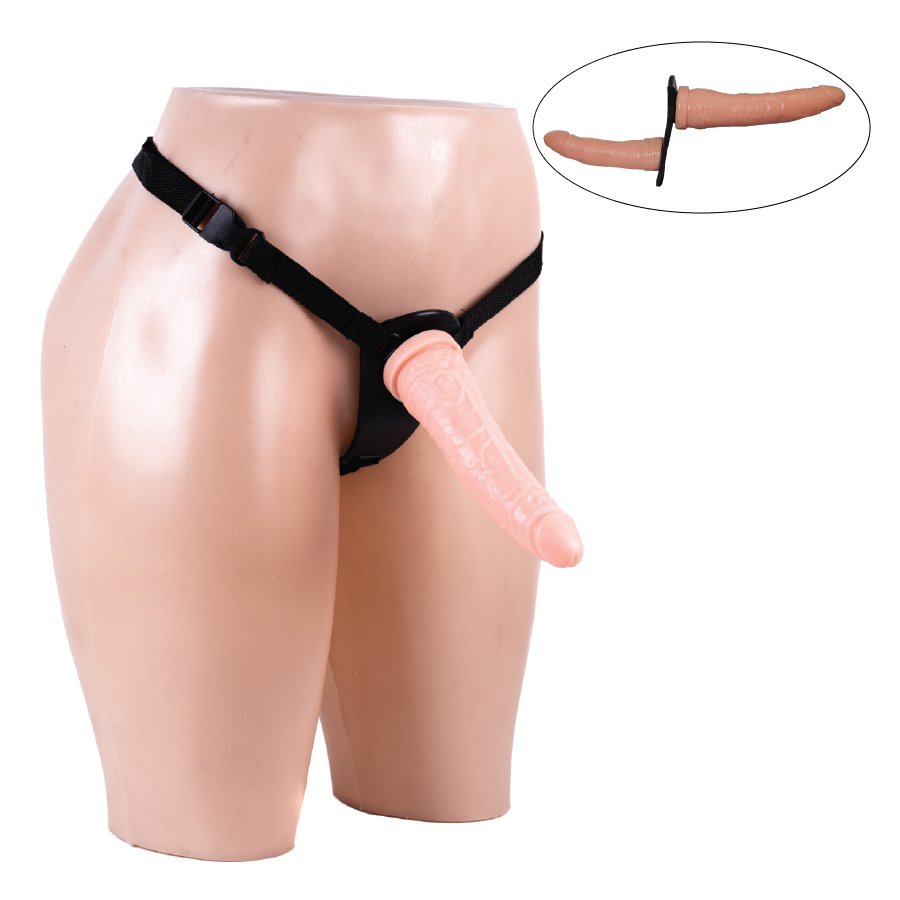 Arnes con consolador doble tipo bananin - 19 x 3.5 cm + 13 x 3 cm