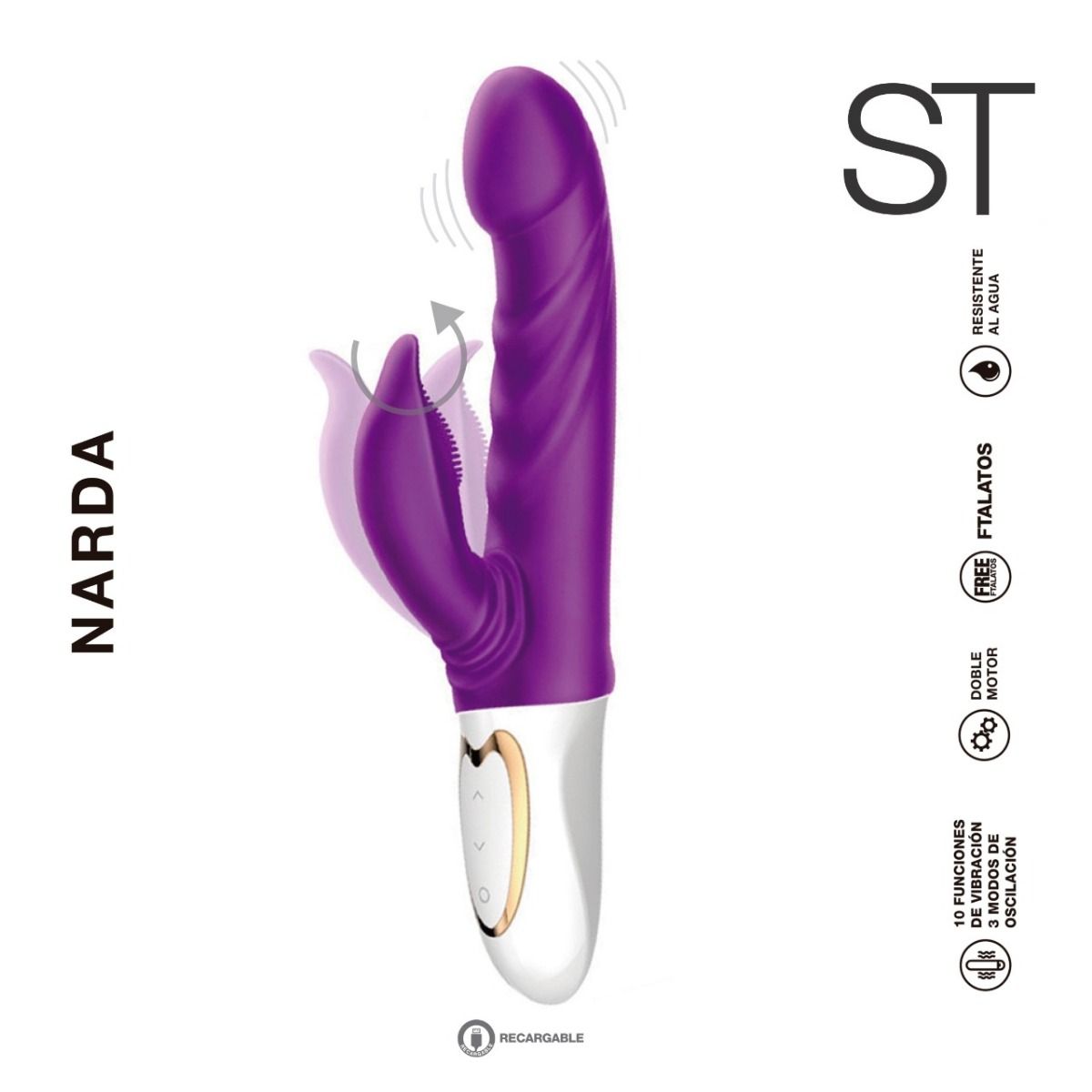Consolador vibrador doble estimulacion con movimiento - Narda - ST Toys - Buttman Sexshop en Tucuman